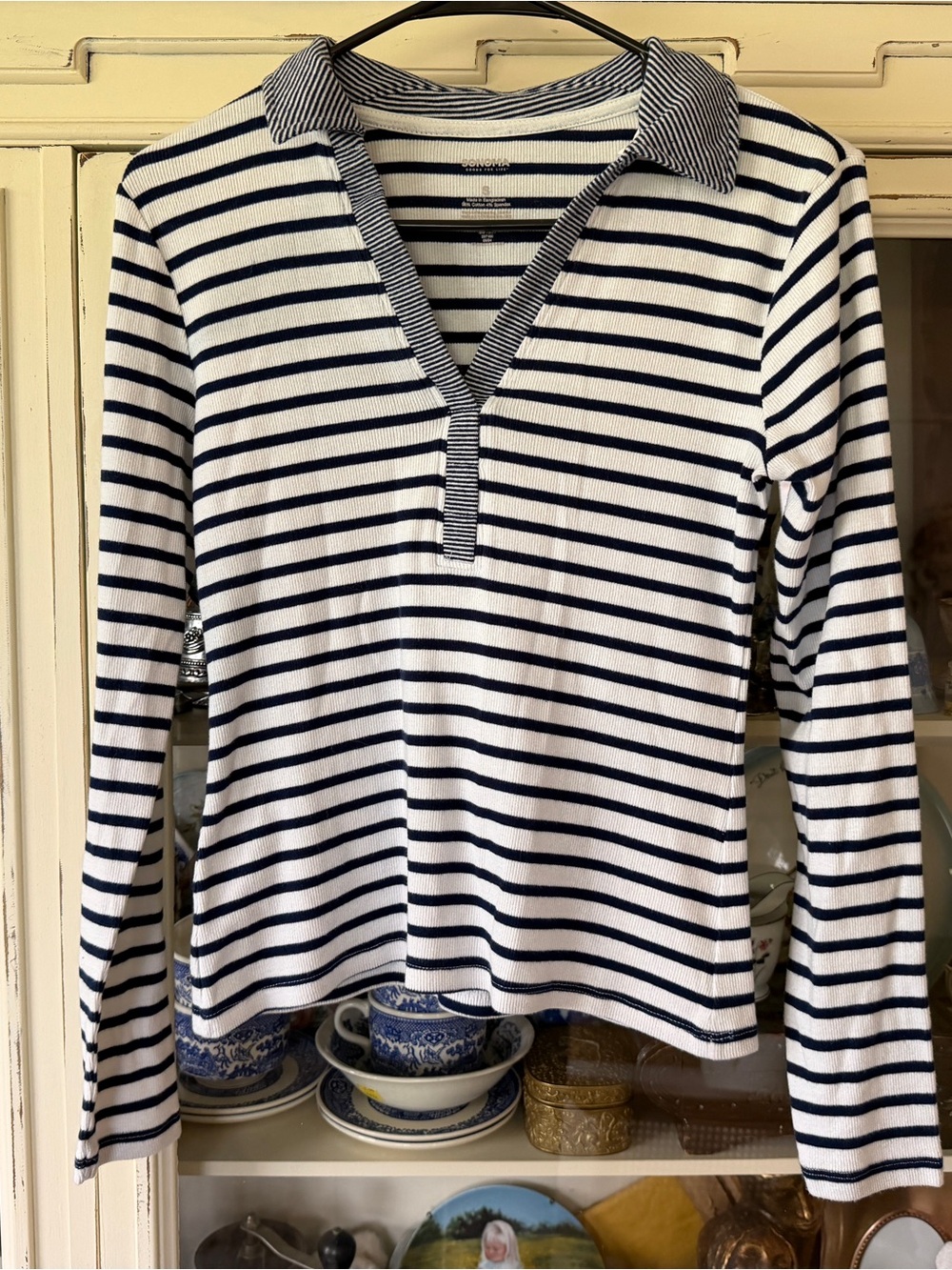 Sonoma Women’s Navy and White Striped Long Sleeve Polo Top